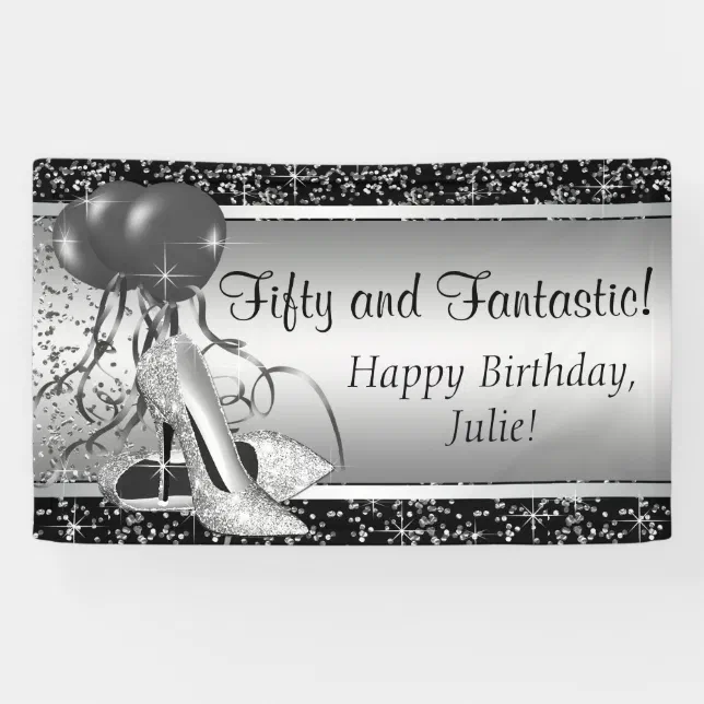 Black Silver High Heel Shoe Birthday Party Banner | Zazzle