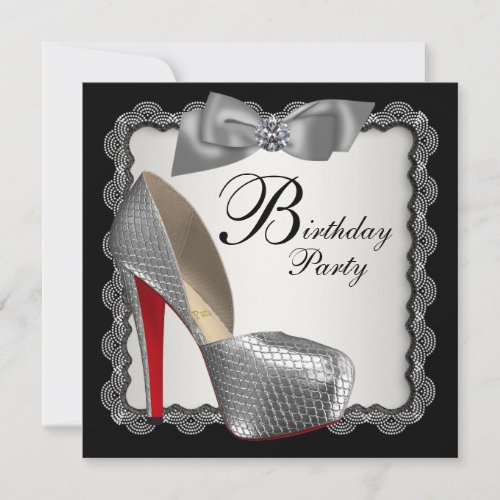 Black &amp; Silver High Heel Shoe Birthday Party Personalized Announcements