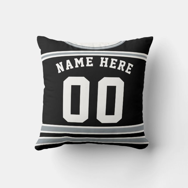 Black Silver Hockey Jersey Name & Number Template  Throw Pillow (Back)