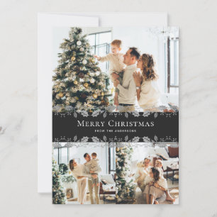 Black Silver Holly Elegant Photo Merry Christmas Holiday Card