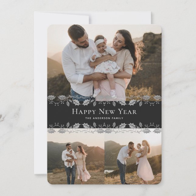 Black Silver Holly Photo Happy New Year Card (Front)