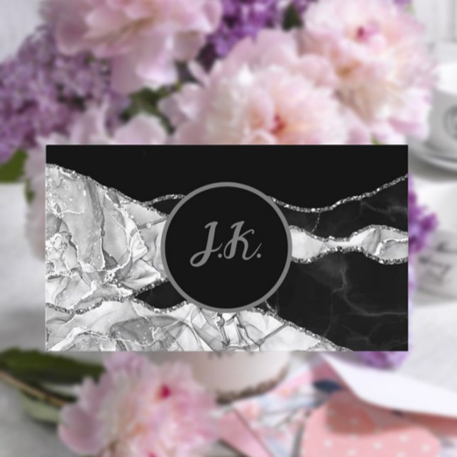 Black Silver Initials Agate Glam Marble Business Card (Creator Uploaded)