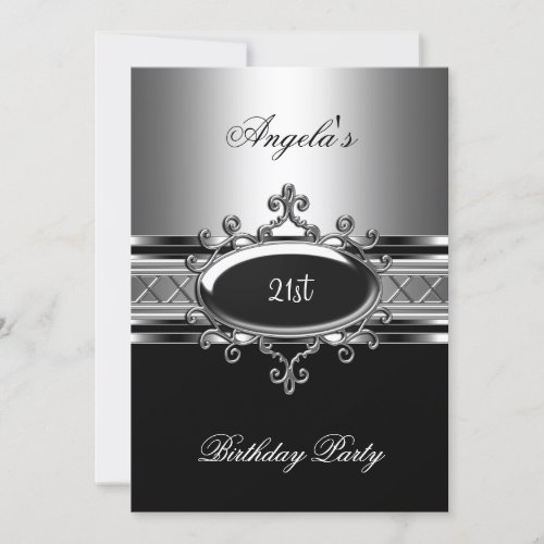 Black Silver Jewel 21st Elegant Birthday Party 5x7 Paper Invitation Card
