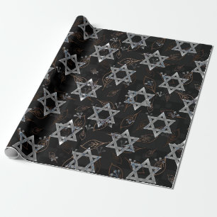 Black Silver Jewish Star Design Wrapping Paper
