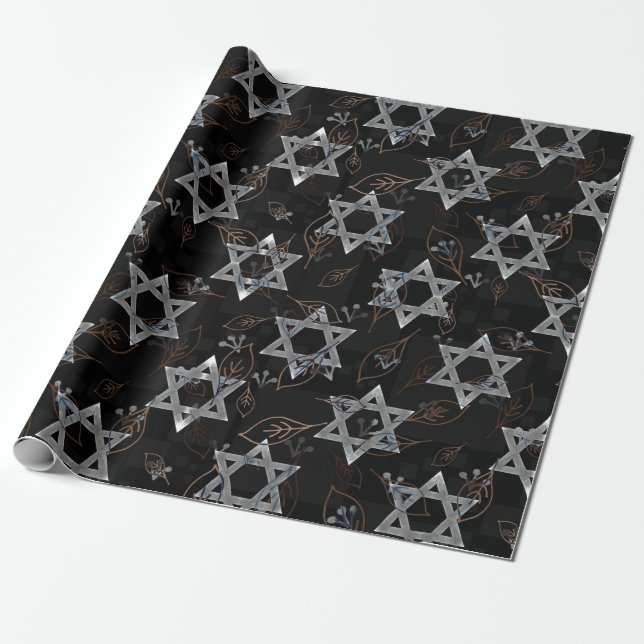 Black Silver Jewish Star Design Wrapping Paper (Unrolled)