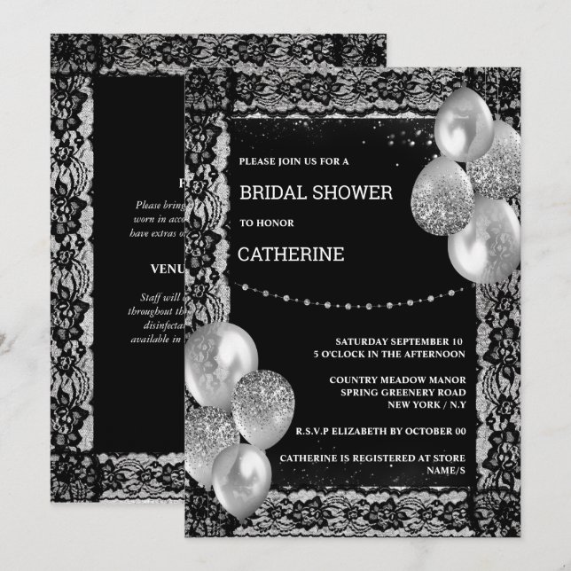 Black silver lace diamond shimmer chic balloon invitation (Front/Back)