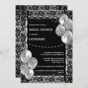 Black silver lace diamond shimmer chic balloon invitation