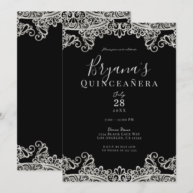 Black & Silver Lace Elegant Quinceañera Party  Invitation (Front/Back)