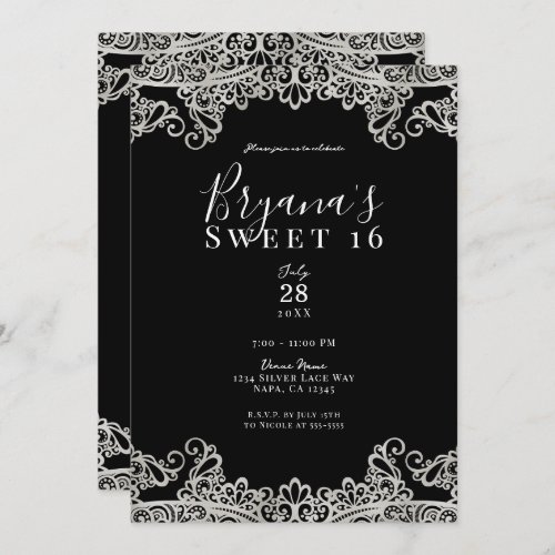 Black  Silver Lace Elegant Sweet 16 Party  Invitation