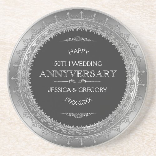 Black  Silver Lace Frame 25 Wedding Anniversary Coaster