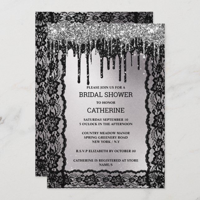 Black silver lace glitter dark moody luxurious  invitation (Front/Back)