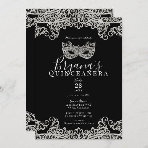 Black  Silver Lace Masquerade 15th Quinceaera  Invitation