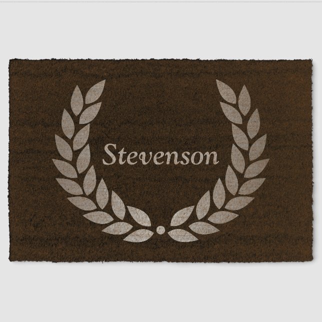Black & Silver Laurel Family Name Welcome Fiber Doormat (Front)