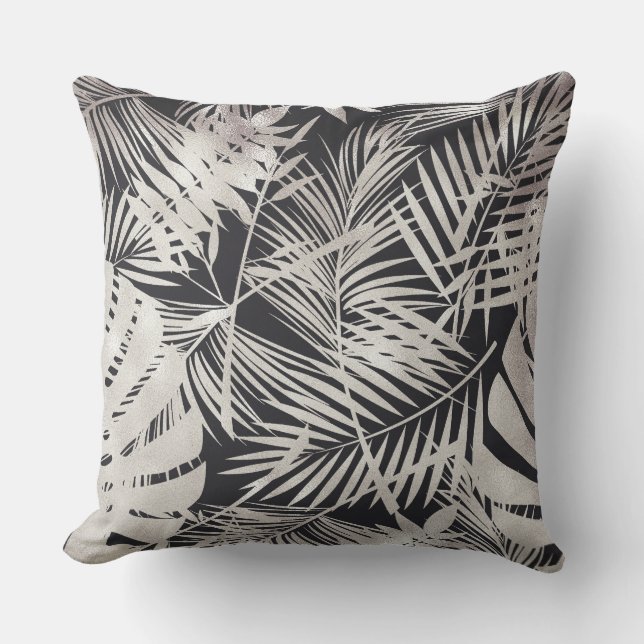 Black Silver Leaf/ Black Design Reversible Pillow (Front)