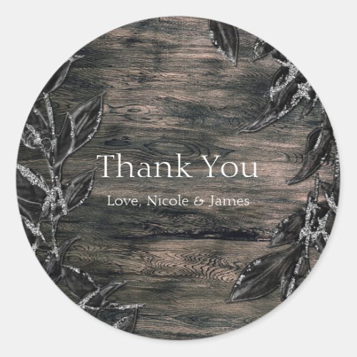 Black  Silver Leaves Dark Elegance Favor Classic Round Sticker