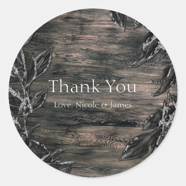 Black & Silver Leaves Dark Elegance Favor Classic Round Sticker (Front)