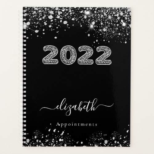 Black silver leopard animal glitter monogram 2022 planner