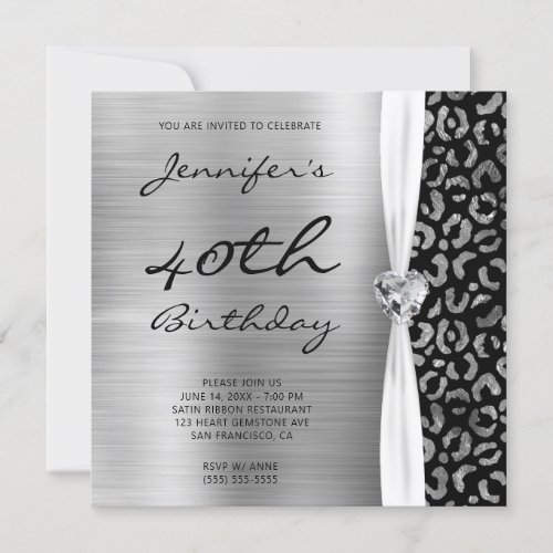 Black Silver Leopard Foil Pattern 40th Birthday Invitation