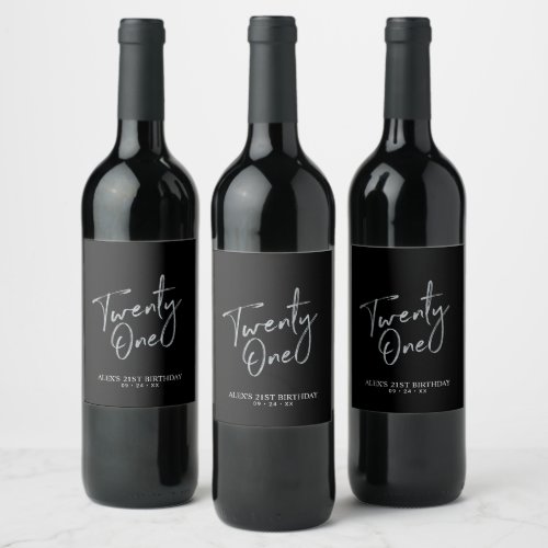 Black  Silver Lettering 21st Birthday Party Wine Label