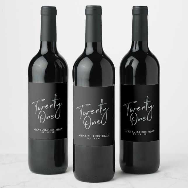 Black & Silver Lettering 21st Birthday Party Wine Label (Bottles)
