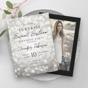 Black Silver Lights Photo SURPRISE Sweet 16 Invitation