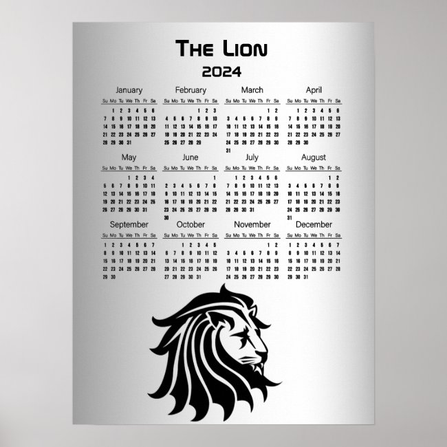 Black Silver Lion 2024 Calendar Poster