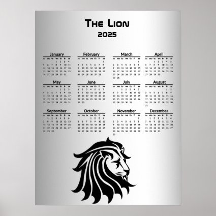 Black Silver Lion 2025  Calendar Poster