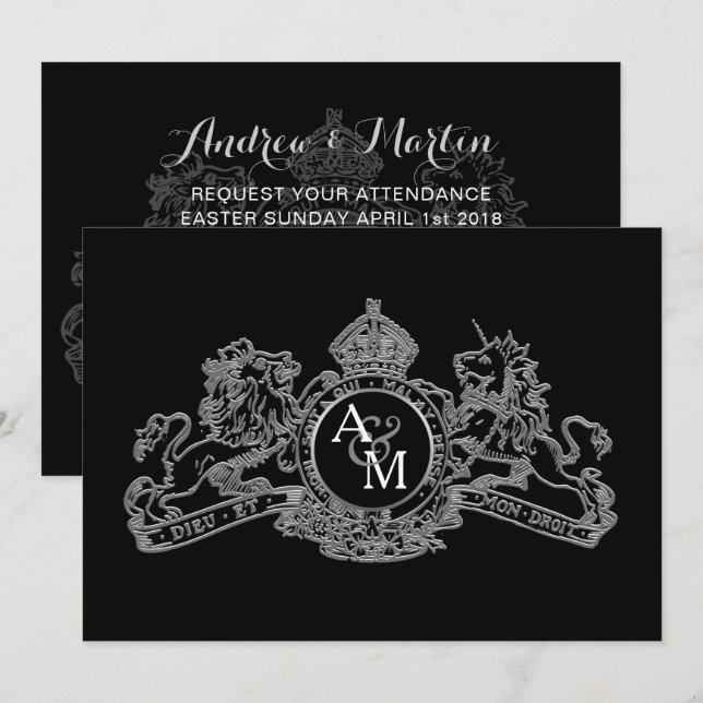 Black Silver Lion Unicorn Regal Emblem Wedding Invitation (Front/Back)