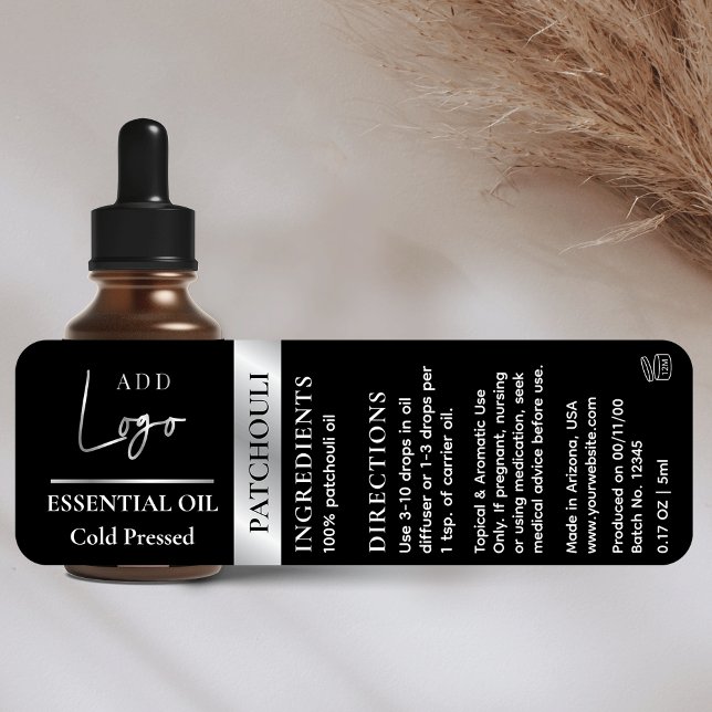 Black Silver Logo Essential Oil Bottle Waterproof Labels (Waterproof dropper bottle label for small cosmetic bottles &verify size to ensure a good fit*)