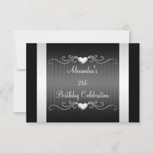 Black Silver Love Hearts 21st Birthday Event 2 Invitation