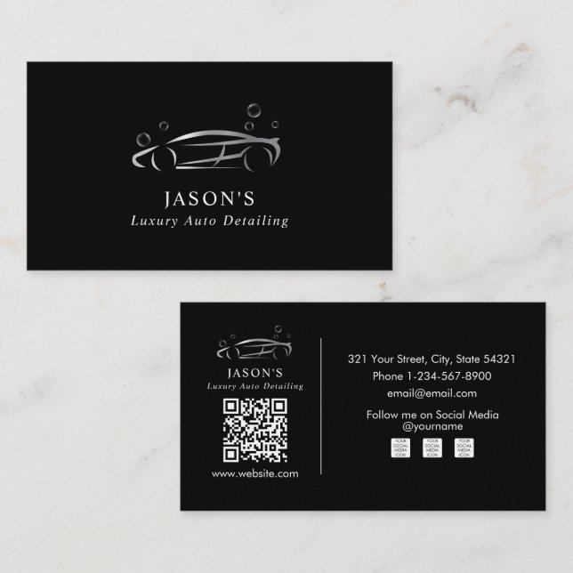 Black & Silver Luxury Auto Detailing Car Cleaning Business Card (Front/Back)