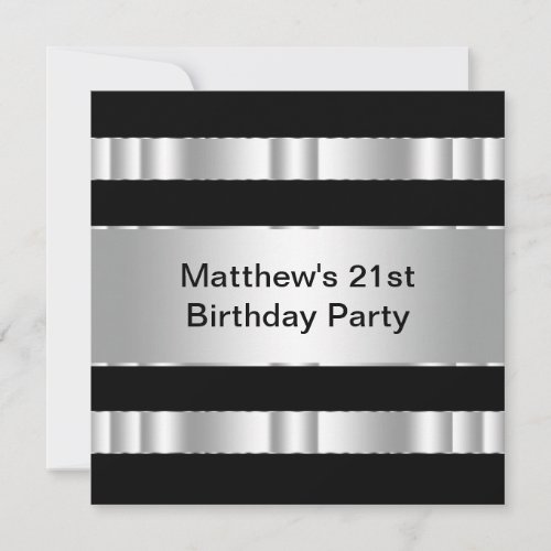 Black Silver Mans 21st Birthday Party Custom Invite