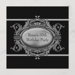 Black Silver Mans 50th Birthday Party Invitation
