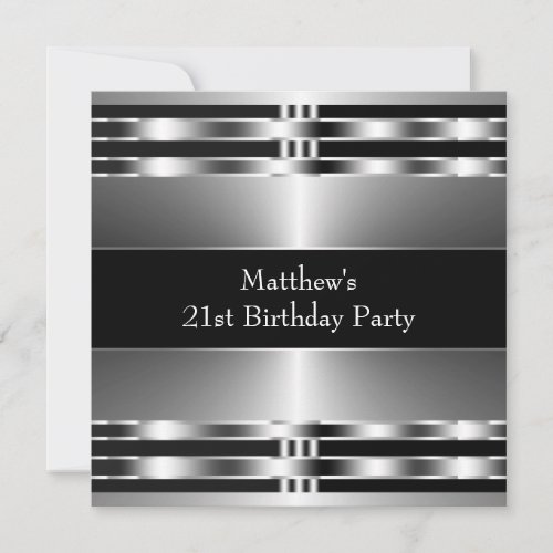 Black Silver Mans 21st Birthday Party Custom Invite