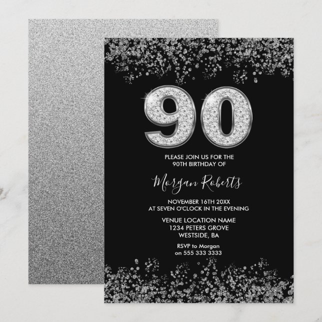 Black Silver Mens Womans 90th Birthday Party Invitation (Front/Back)