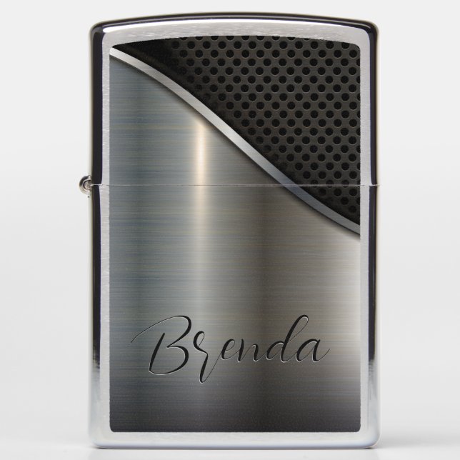 Black  & Silver Metallic Geometric Design Zippo Lighter (Front)