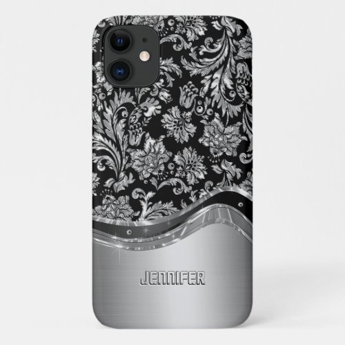 Black  Silver Metallic Look With Damasks iPhone 11 Case