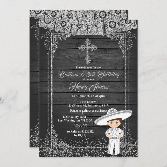 Black Silver Mexican Charro baptism & 3rd Birthday Invitation (Front/Back)