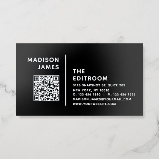 Black Silver Minimal QR Code Foil Business Cards (Front)