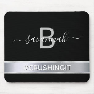 Black silver minimalist elegant monogram mouse pad