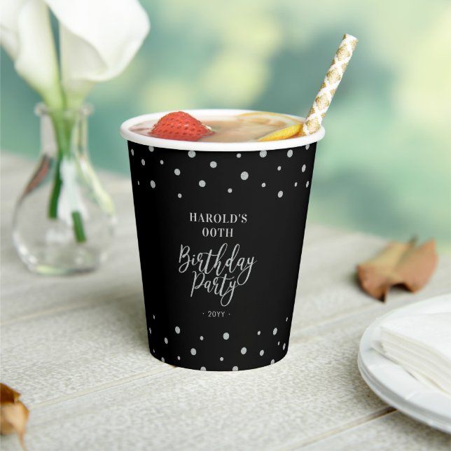 Black Silver Modern Confetti Adult Birthday Party Paper Cups (Insitu)