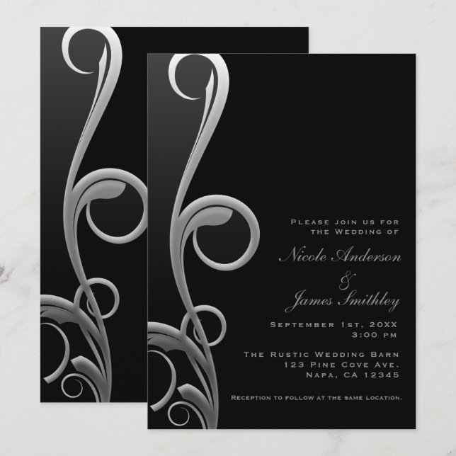 Black & Silver Modern Glam Elegant Swirl Wedding Invitation (Front/Back)