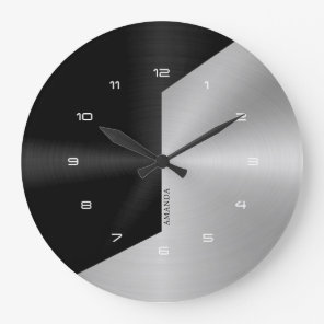 Black & Silver Modern Metallic Geometric design 2 Large Clock