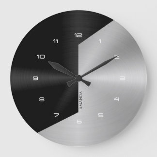 Black & Silver Modern Metallic Geometric design 2 Large Clock