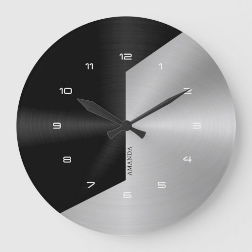 Black  Silver Modern Metallic Geometric design 2 Large Clock