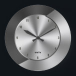 Black & Silver Modern Metallic Geometric design Large Clock<br><div class="desc">Elegant slick modern black and silver-gray metallic texture print cool abstract dynamic design.</div>