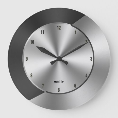 Black  Silver Modern Metallic Geometric design Large Clock