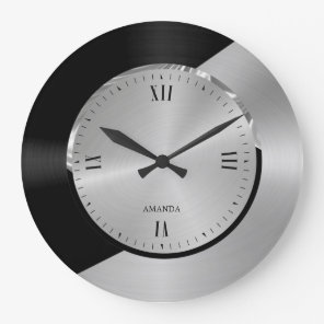 Black & Silver Modern Metallic Geometric design Large Clock