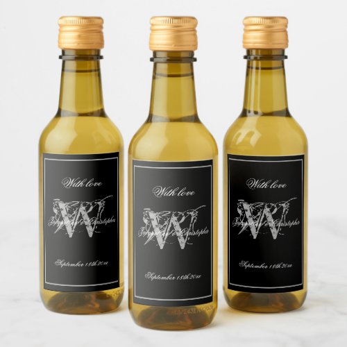 Black  Silver Modern Monogram Cool Mini Wedding   Wine Label