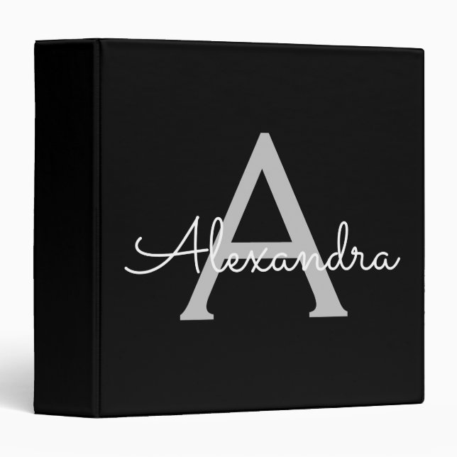 Black Silver Modern Script Girly Monogram Name 3 Ring Binder (Front/Spine)